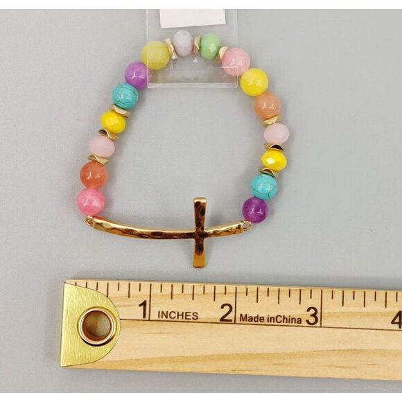 Set of 2 Cross Gold Tone Bracelet Beaded Hammered Catholic Religious Easter Gift - Picture 12 of 15